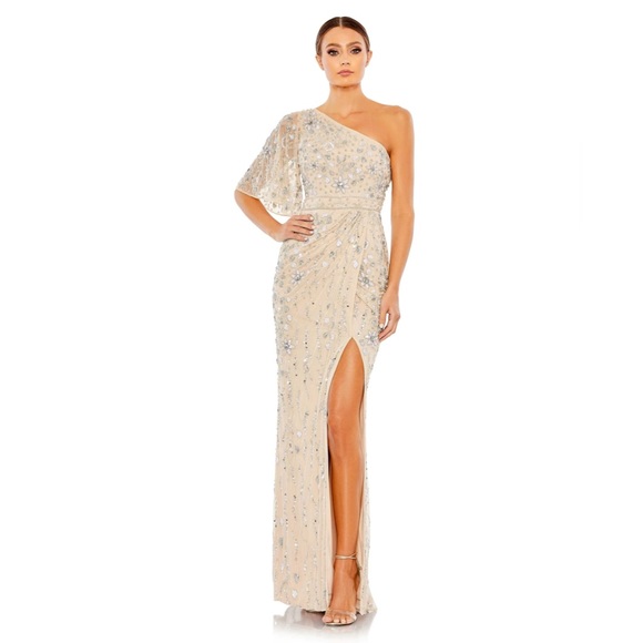 Mac Duggal Dresses & Skirts - Mac Duggal Embellished One Shoulder Draped Maxi Gown Nude & Silver | Size 8